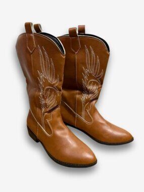 Western Cowboy Boots Brown Mid Calf Embroidered Cowgirl Festival Boots Size 7.5